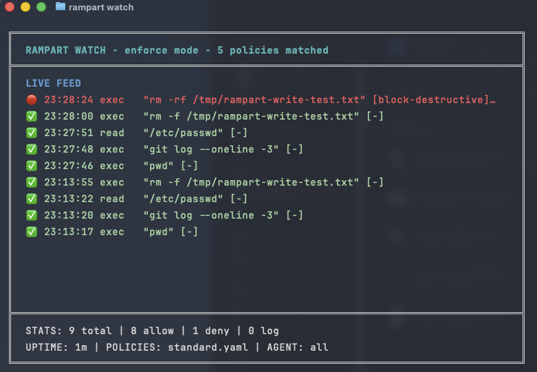 Rampart live dashboard showing allowed and denied agent commands